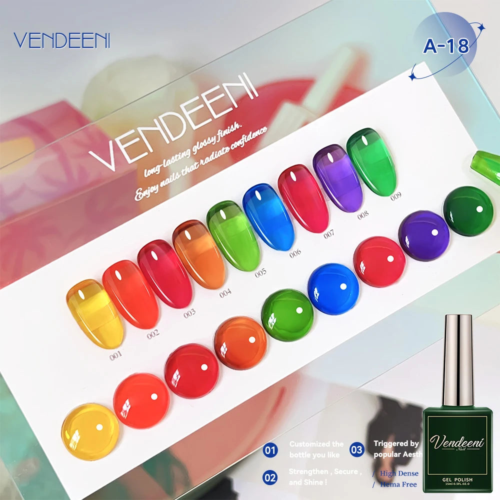 Vendeeni 9 Colors/Set Jelly Transparent Gel Nail Polish Crystal Glass UV Soak Off Gel Varnish Long Lasting Nail Art Gel Lacquer