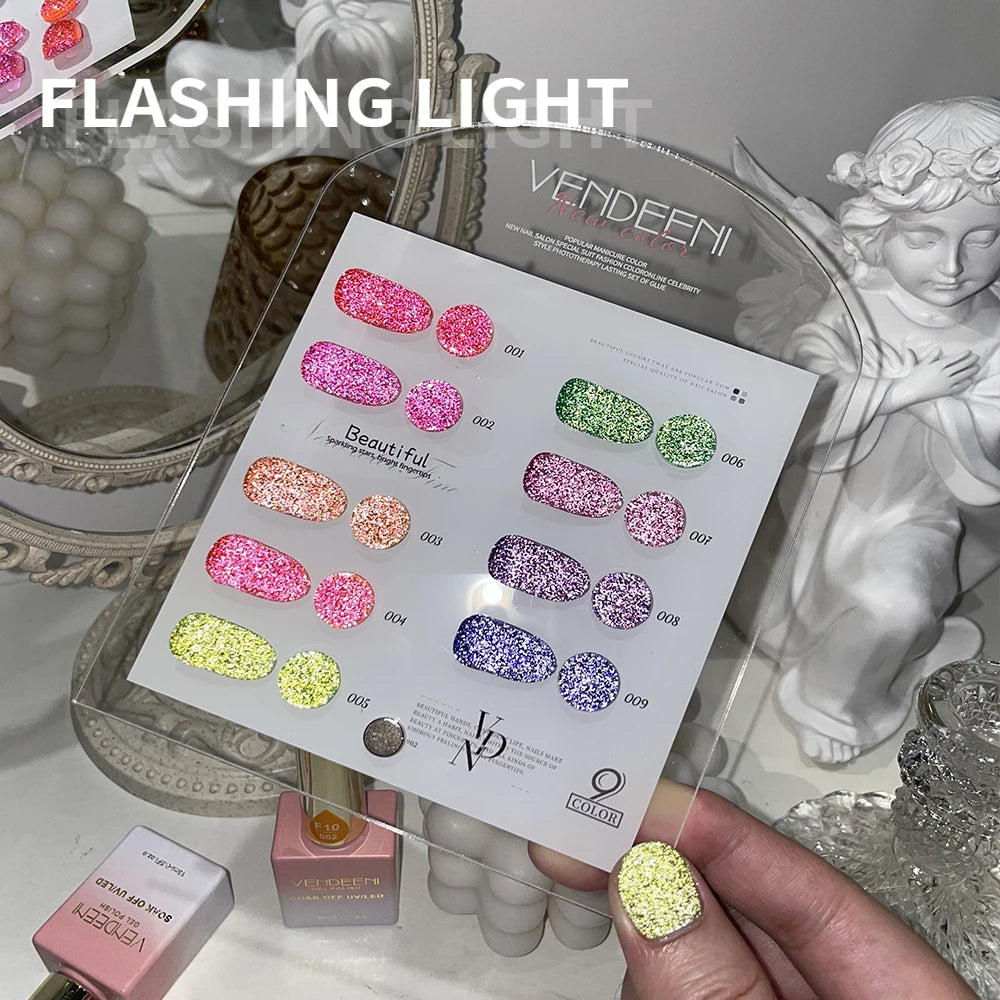Vendeeni 15ml 9 Colors Fluorescent Glitter Sequins Nail Gel Polish Neon Color Nail Art Manicure Soak Off Enamel UV Gel Varnish