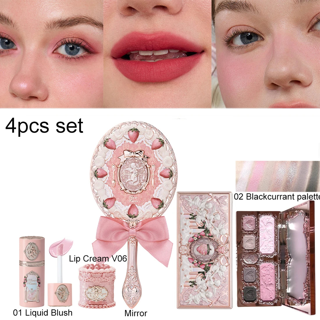 Flower Knows Strawberry Cupid Velvet Matte Lip Cream Pressed Powder Liquid Blush Set Long Lasting Lightweight Makeup