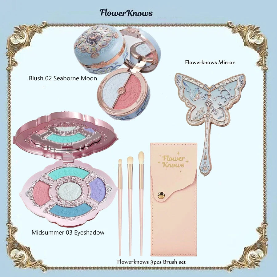 Flower Knows Makeup Set Mermaid Eyeshadow Palette Matte Swan Setting Powder Strawberry Violet Mirror Hair Clip 4Pcs Kit