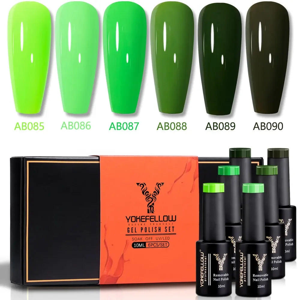 YOKEFELLOW Gel Nail Polish Set 10ml 6Pcs Green Soak Off UV LED Cure Gel Varnish for Nail Art Manicure DIY St. Patrick's Day