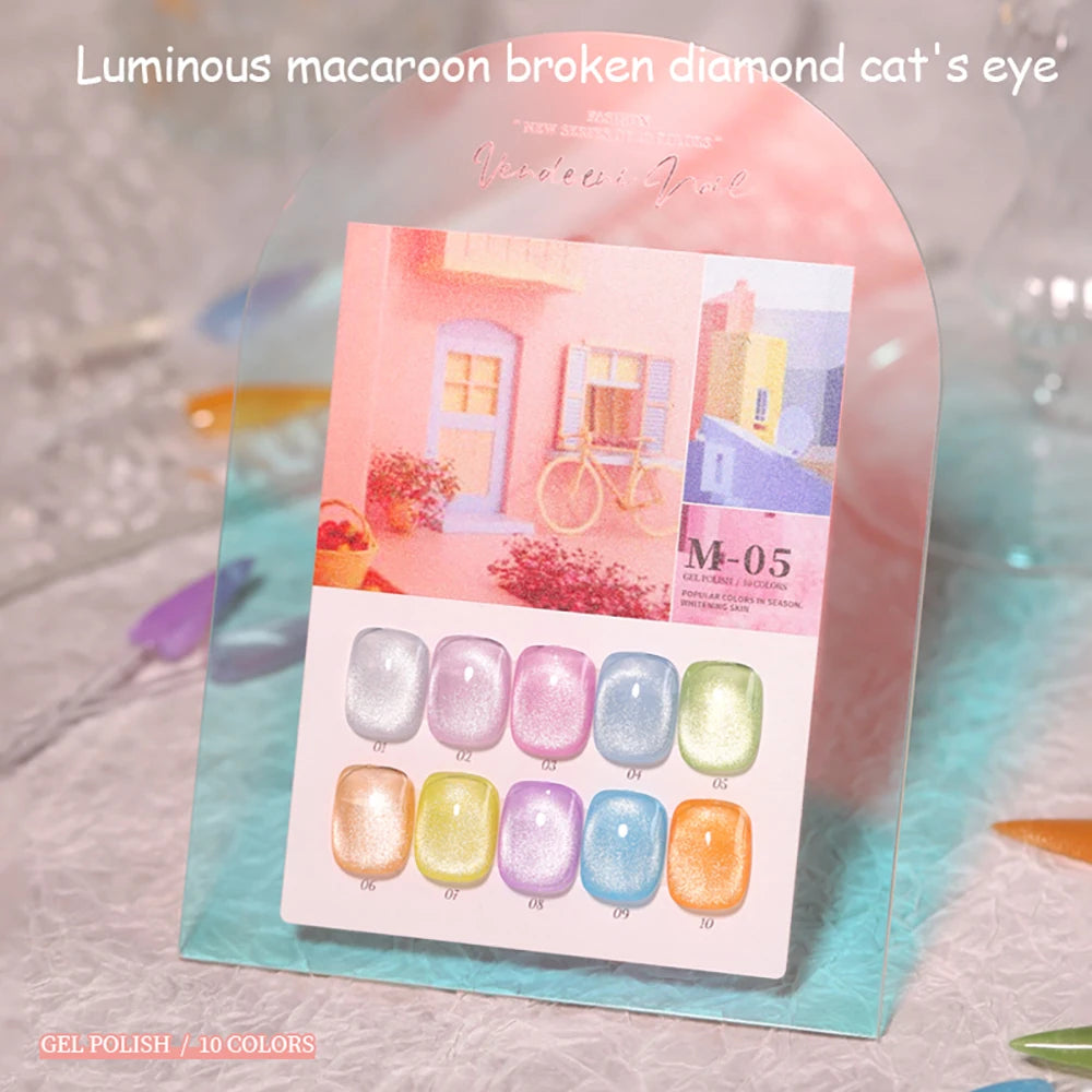 Vendeeni 10 Colors/Set Luminous Broken Diamond Cat Eye Gel Nail Polish Glitter Macaron Magnetic UV LED Gel Varnish With Display