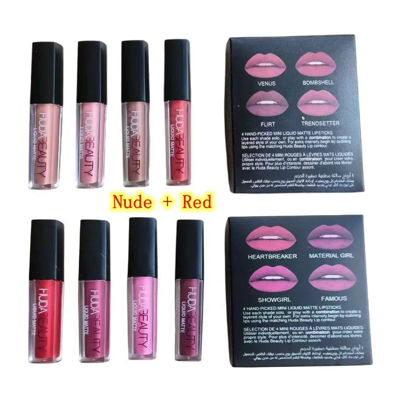 1.9ml x 4pcs Lipstick Set Matte Lip Gloss Waterproof Lip Glaze Tint Non-stick Non-Fading Lips Huda Lip Makeup Cosmetic Lip Care