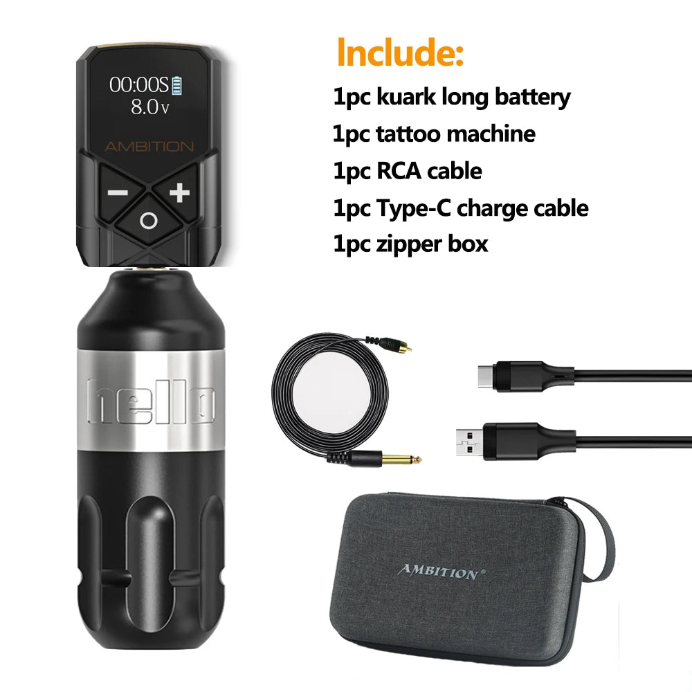 Ambition Tattoo Machine Rotary Pen Kit 2400mAh Wireless Kuark Power Supply Permanent Makeup Eyebrow Lip Tattoo Beginner Artister