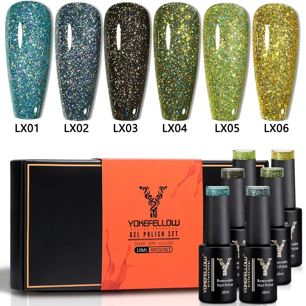 YOKEFELLOW 6Pcs Gel Nail Polish Set 10ML Summer Glitter Gel Polish Macaron Rainbow Colors 2024 Gel Polish Kit Trendy Nail Art