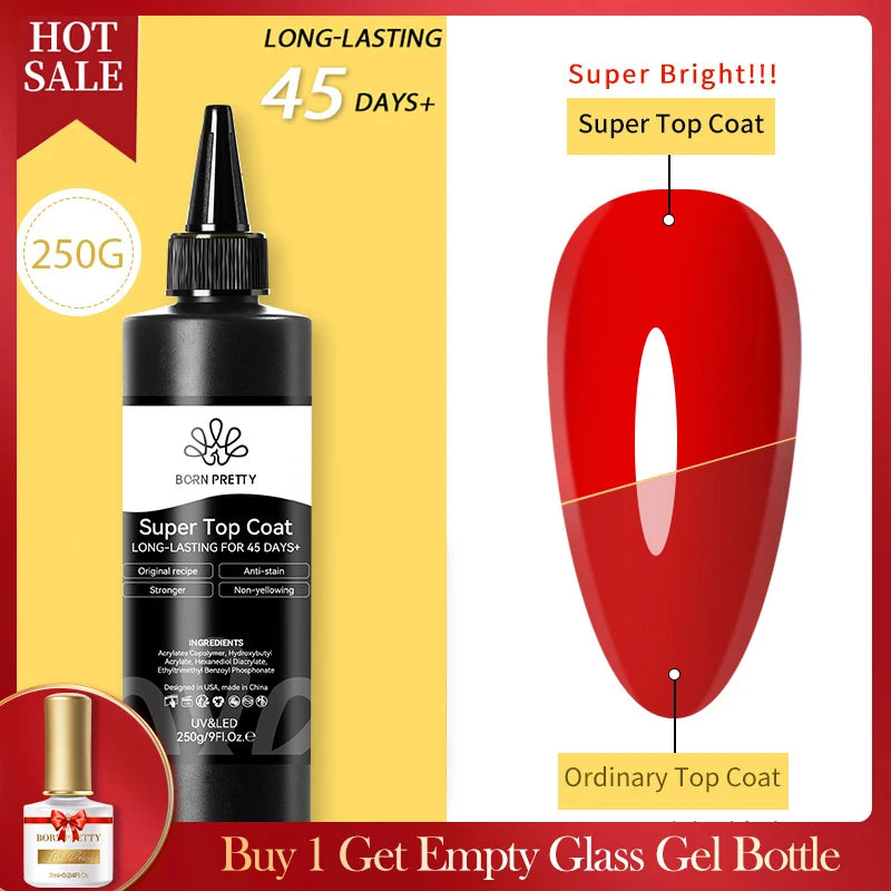 BORN PRETTY 250g Super Top Coat Base Gel Soak off UV LED Drying Long Lasting Semi Permanent Jelly Nude Pink Gel Nail Polish