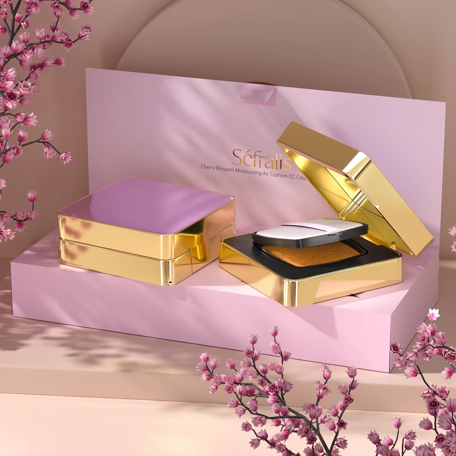 Séfralls Cherry Blossom Air Cushion CC Cream Set 12g×2 (Wheat/Copper) - Hydrating Moisturizing Foundation, Long Lasting Natural