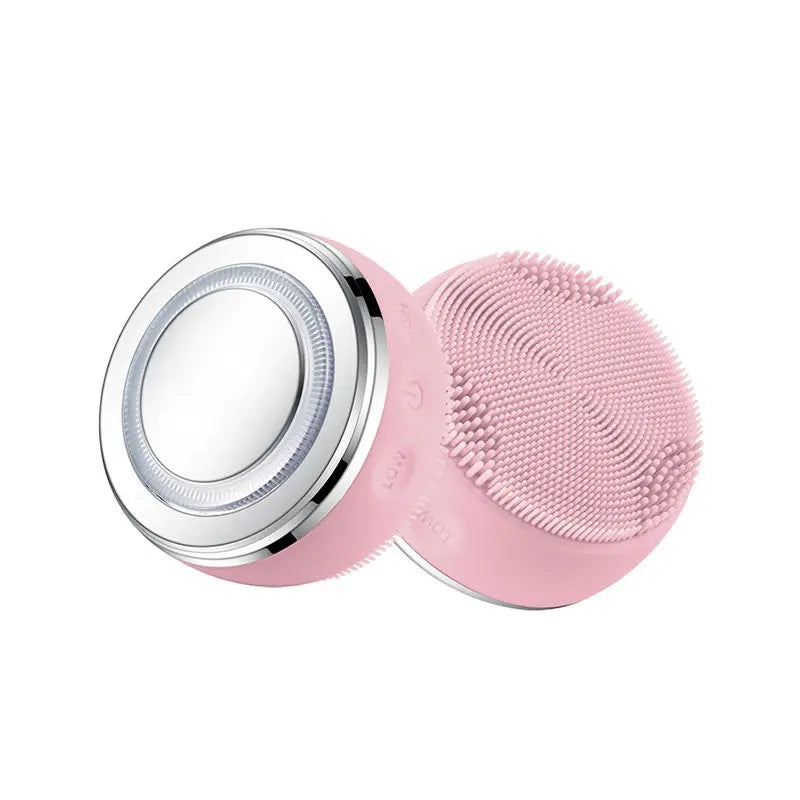 2 In 1 LED Light Therapy Silicone Heating Face Cleanser Massage Sonic Facial Cleansing Brush Massager Waterproof