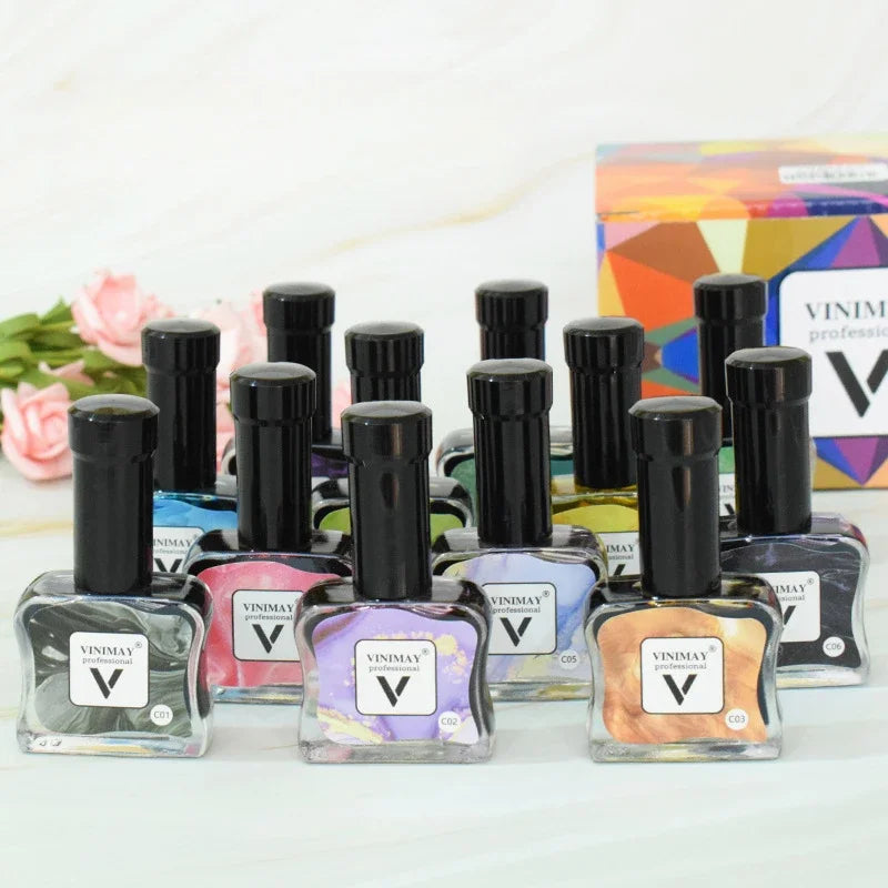 12Pcs 12ml Glitter Blooming Nail Gel Polish Marble Watercolor Ink Nail Design Smudge Spreading Air-drying Manicure Painting Gel