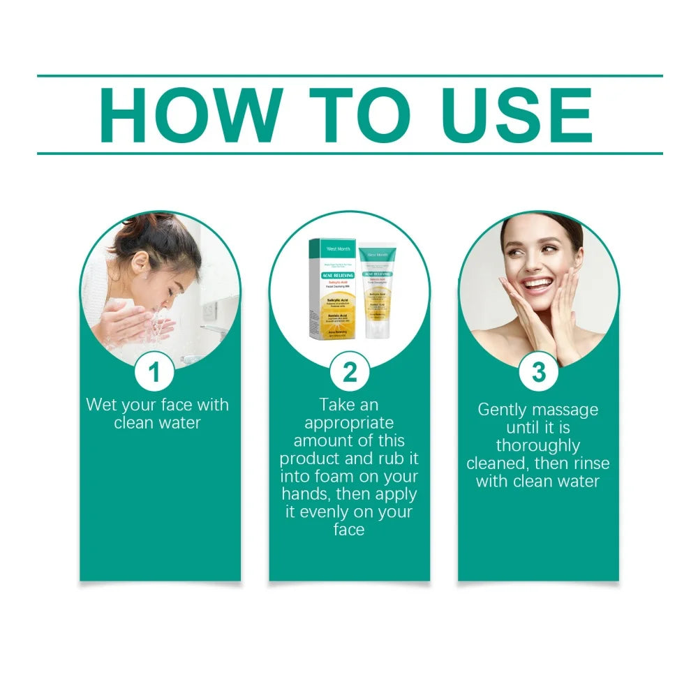 Salicylic acid facial cleanser for acne removal, cleansing, moisturizing, purifying pores, oil control, refreshing skincare