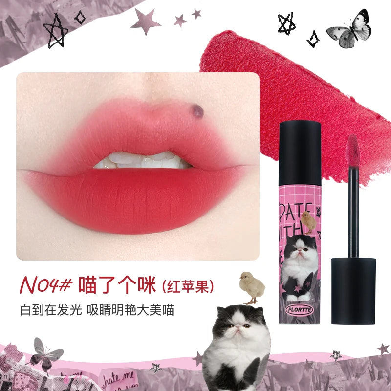 FLORTTE Matte Lipstick Velvet Lip Cream Matte Liquid Long-Lasting Wear Non-Stick Cup Not Fade Waterproof Lip Gloss