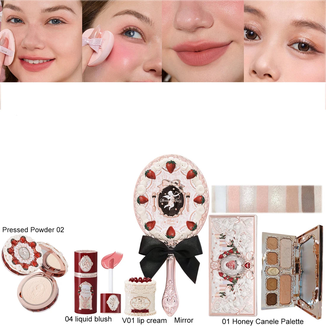Flower Knows Strawberry Cupid Velvet Matte Lip Cream Pressed Powder Liquid Blush Set Long Lasting Lightweight Makeup