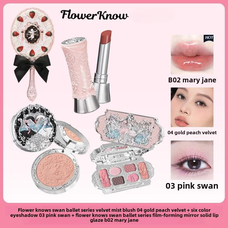 Flower Knows Makeup Sets Swan Ballet Series Gift Box Lipstick Blush Eyeshadow Palette Handheld Mirror Makeup Gift Box