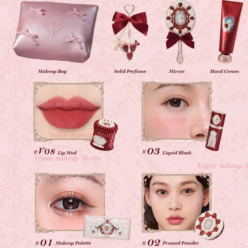 Flower Knows Strawberry Cupid Collection Makeup Set Sweetheart Gift Set Lip Mud Liquid Blush Face Palette All In One Make Up Kit