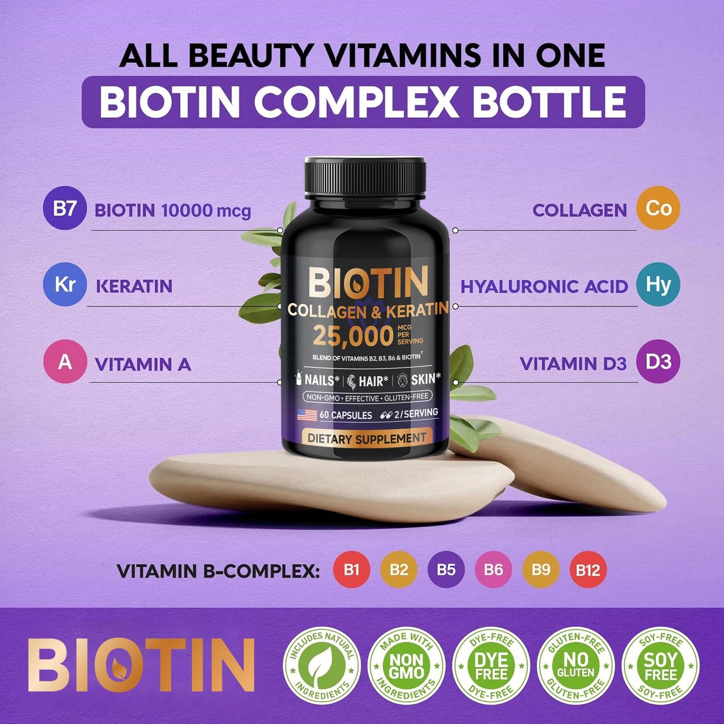 Biotin Collagen&Keratin 25000 mcg Vitamins B2, B3, B6
