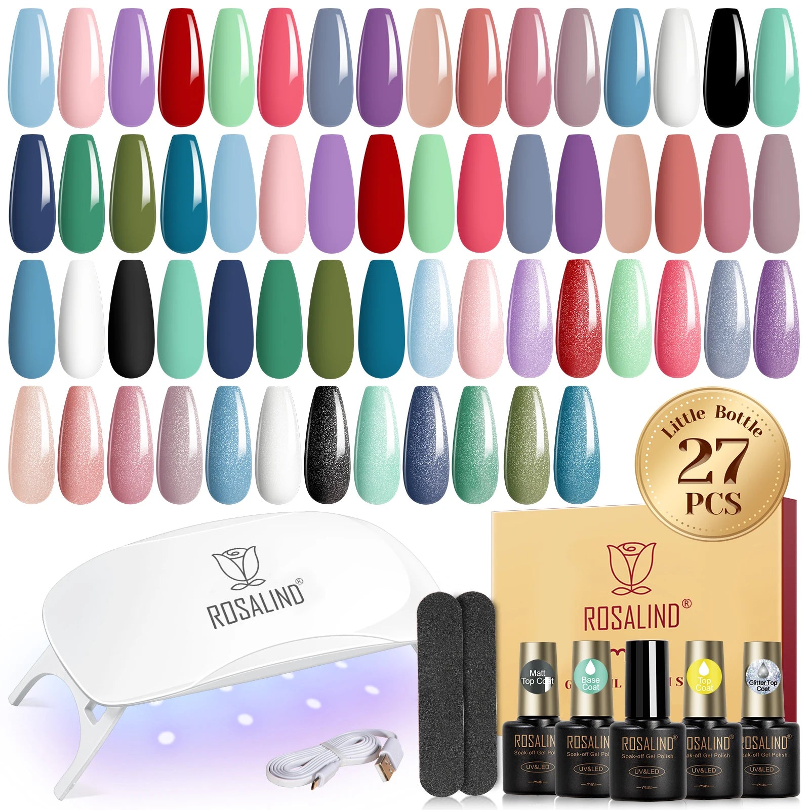 Rosalind  Classic Gel Nails Colors Mini Gel Nail Polish Kit with UV Light,  Base and Matte Glossy Gel Top Coat with Tool