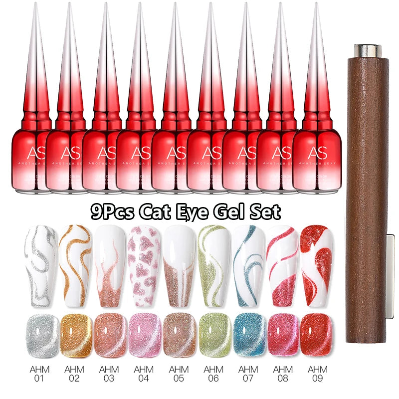 AS 9pcs Cat Eye Magnetic Moonlight Gel Nail Polish Set 15ml Sparkle White Silver Water Light Red UV Gel Nail Art Manicure