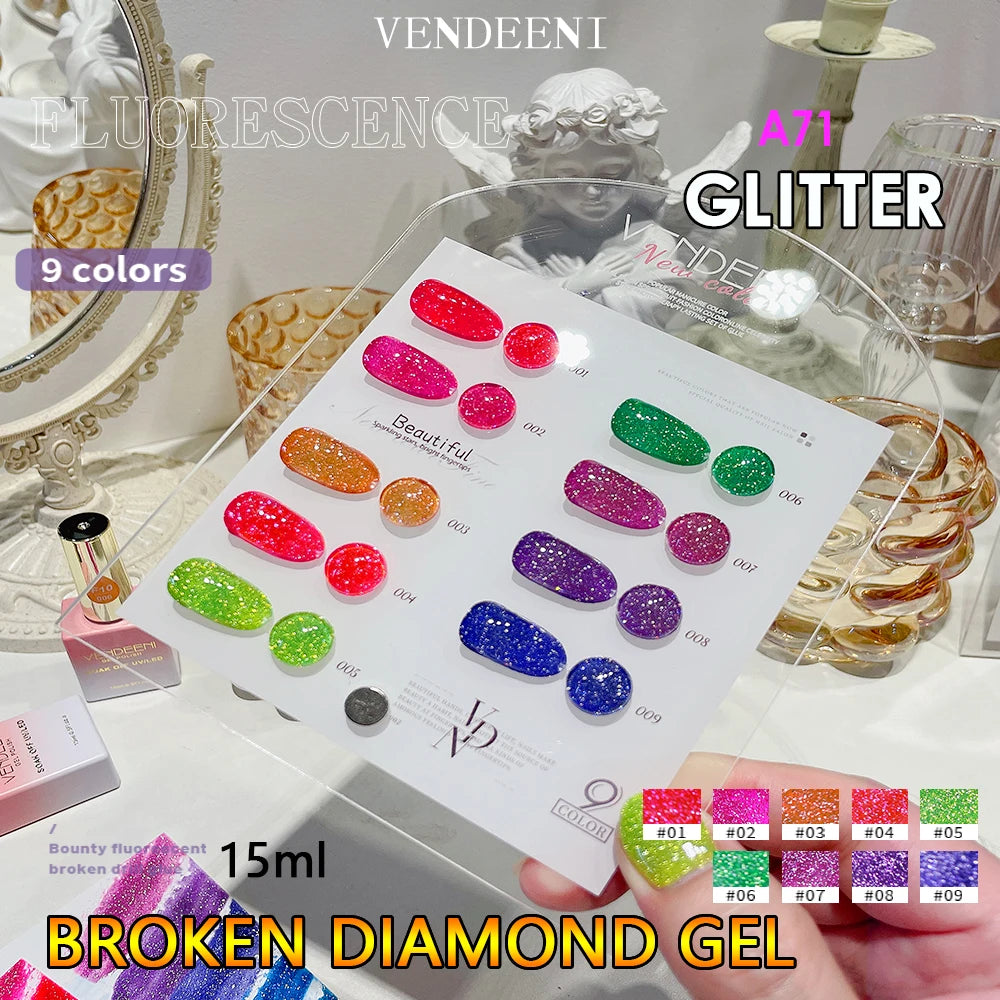 Vendeeni 15ml 9 Colors Fluorescent Glitter Sequins Nail Gel Polish Neon Color Nail Art Manicure Soak Off Enamel UV Gel Varnish