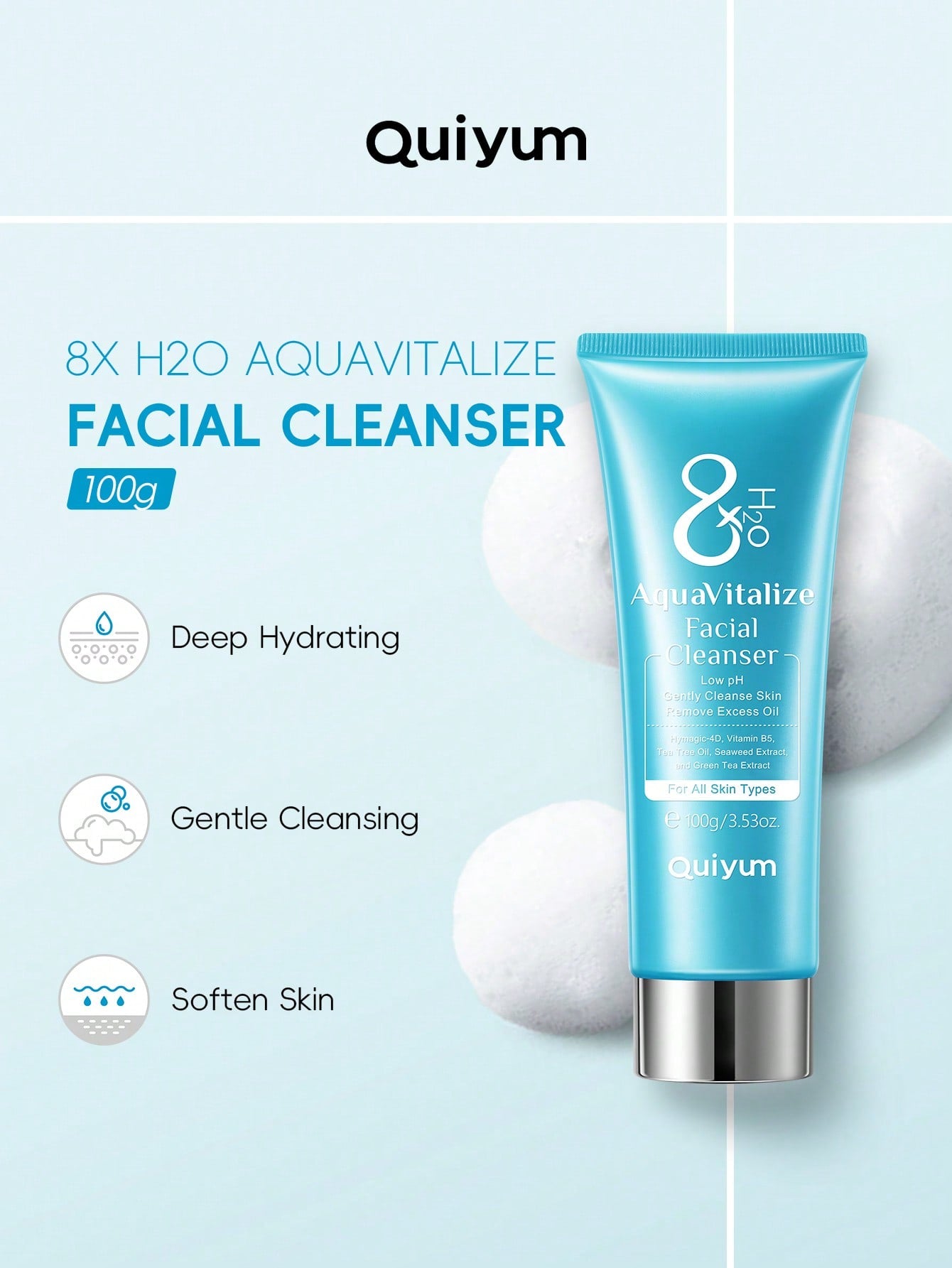 1 Pc Purify Pores QUIYUM 8X H2O Aquavitalize Facial,100G for Daily Use Oil Control Moisturizing Cleanser Brightening Face Wash for Women All Skin Types for Women, Mom, Wife, Sister, Teen, Girl Friend